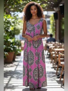 Anthropologie Maeve 100% Silk Medallion Print Maxi Dress Purple Black L